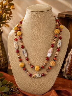 Artisan Double Strand carved Yellow Jade Agate Carnelian Pearl Necklace 24-26”